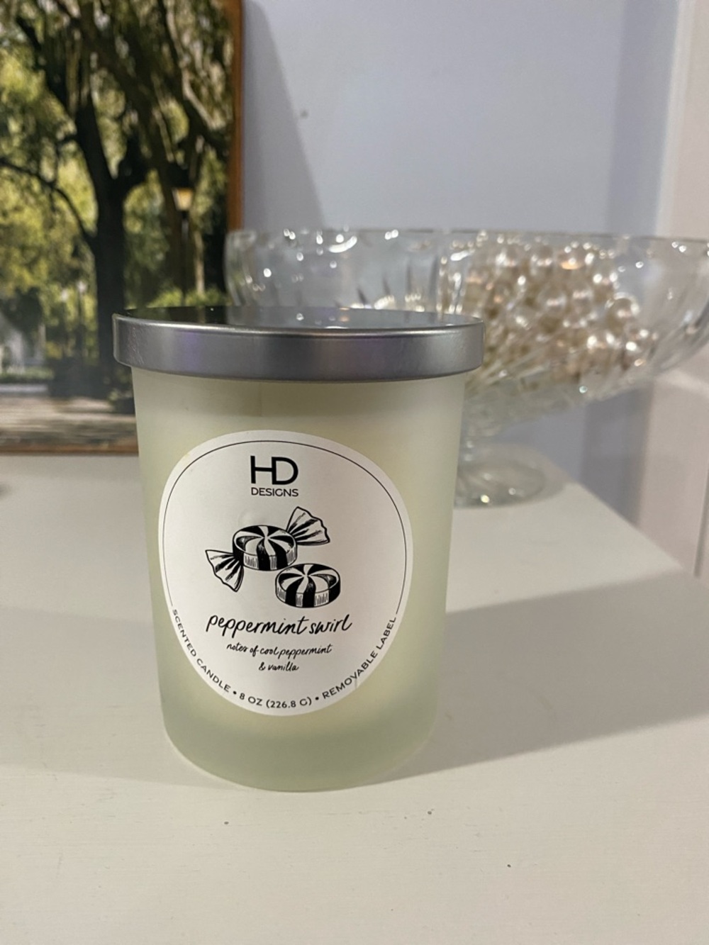 🆕 HD Designs Peppermint Swirl Jar Frost Glass Candle 8 oz Holiday Winter ✨